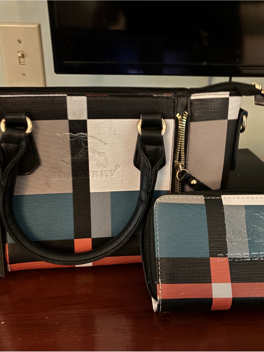 Black & Blue Plaid Women's Satchel with Wallet